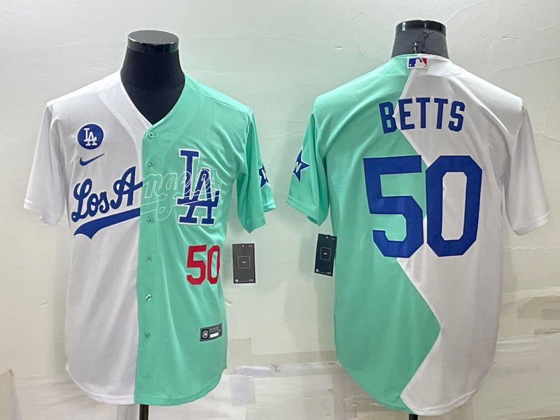 Men's Los Angeles Dodgers #50 Mookie Betts 2022 All-Star White/Green Cool Base Stitched Baseball Jersey Men's Los Angeles Dodgers #50 Mookie Betts 2022 All-Star White/Green Cool Base Stitched Baseball Jersey